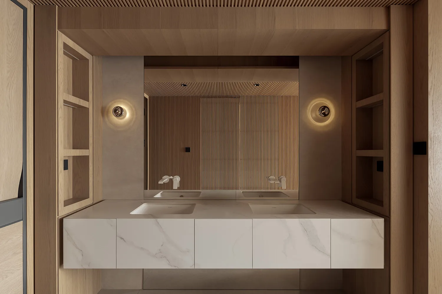 Modern minimalist bathroom with double white marble sinks set in a floating vanity, flanked by tall light oak shelving units and circular wall sconces, with a large mirror reflecting a wood slat accent wall.