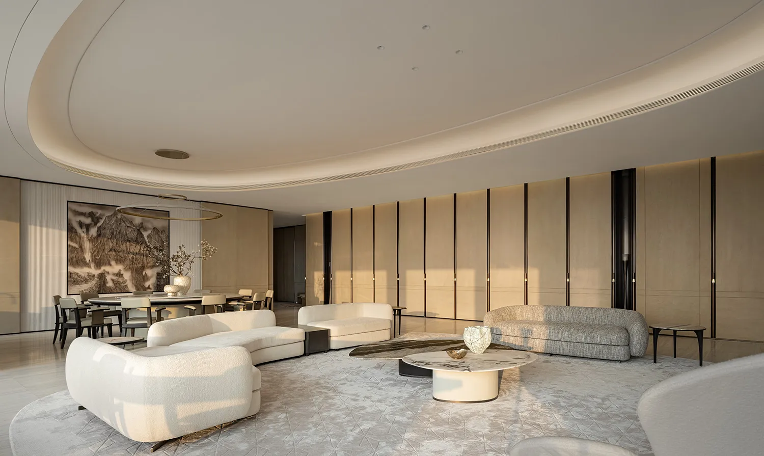 Modern luxury living room featuring curved white boucle sofas, a textured grey sofa, marble and dark coffee tables on a geometric rug, with a large mountain ink painting in the background dining area.
