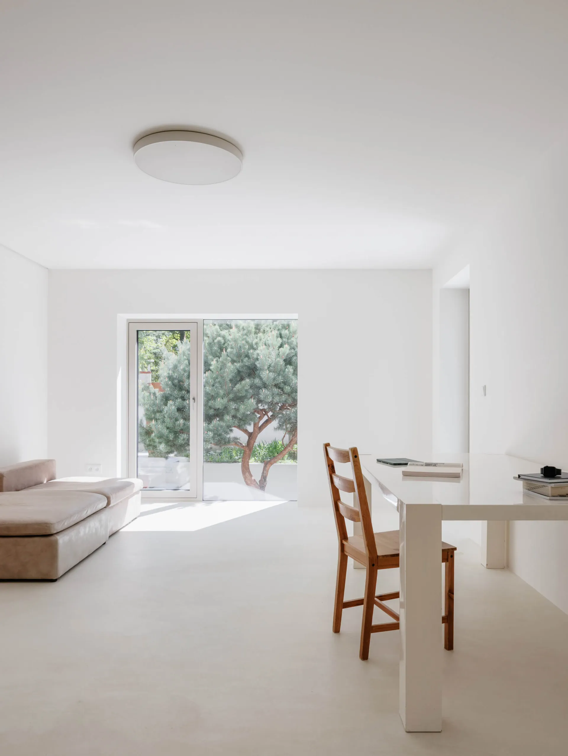 A bright, minimalist dining room with white walls and floor, a wooden dining chair, a white table, and a large glass door opening to a green tree outside.