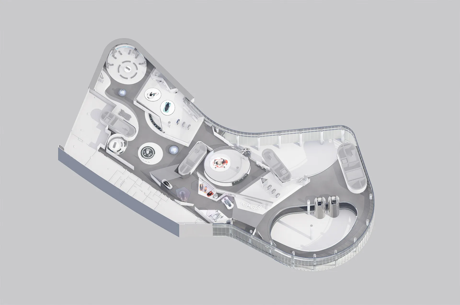 3D architectural model of a futuristic automotive exhibition center with multiple circular display platforms and winding circulation paths.