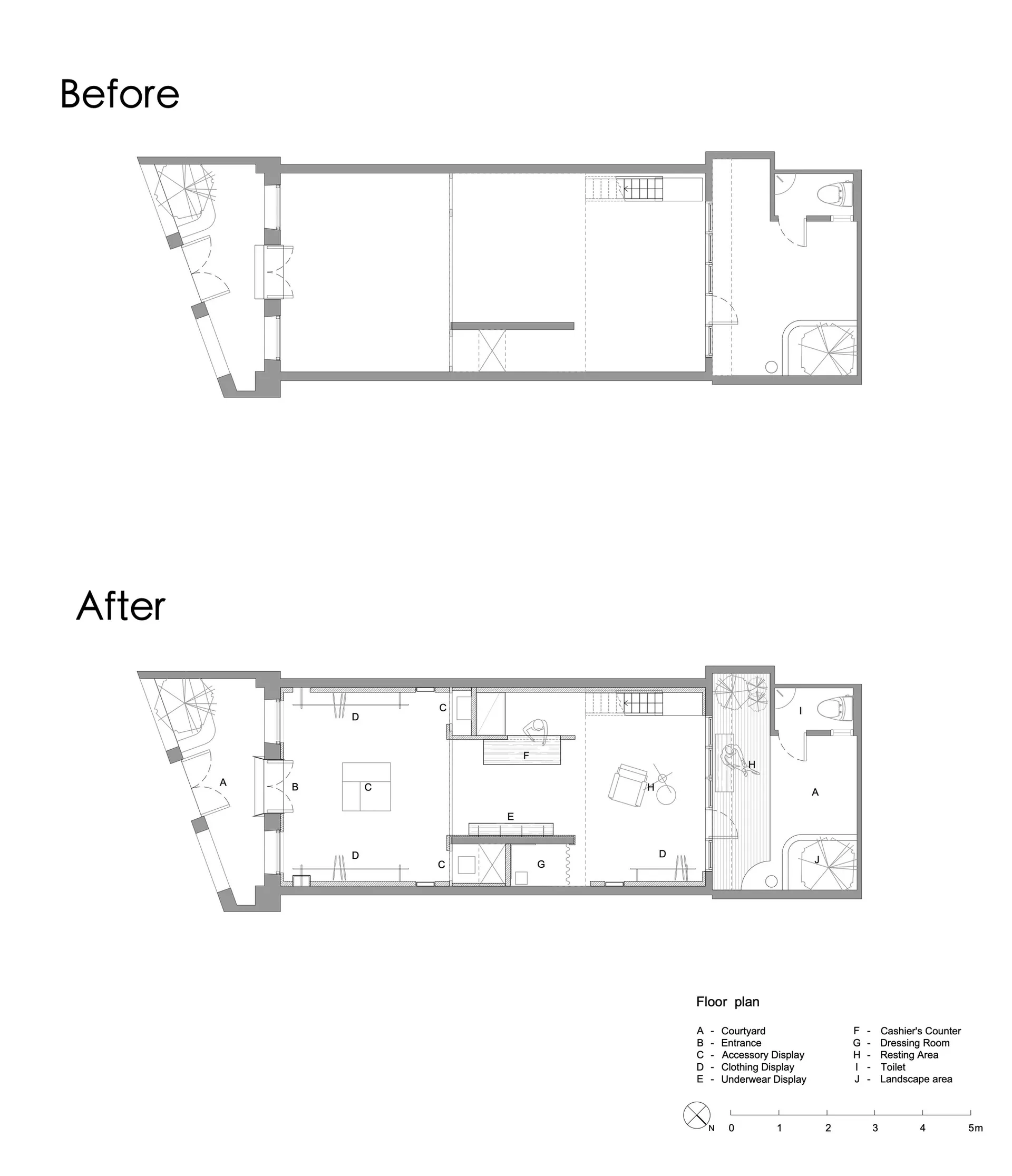 Architectural floor plan comparison labeled 'Before' and 'After' for a retail clothing boutique, with legend explaining each functional zone including courtyard, entrance, display areas, cashier, and dressing rooms.