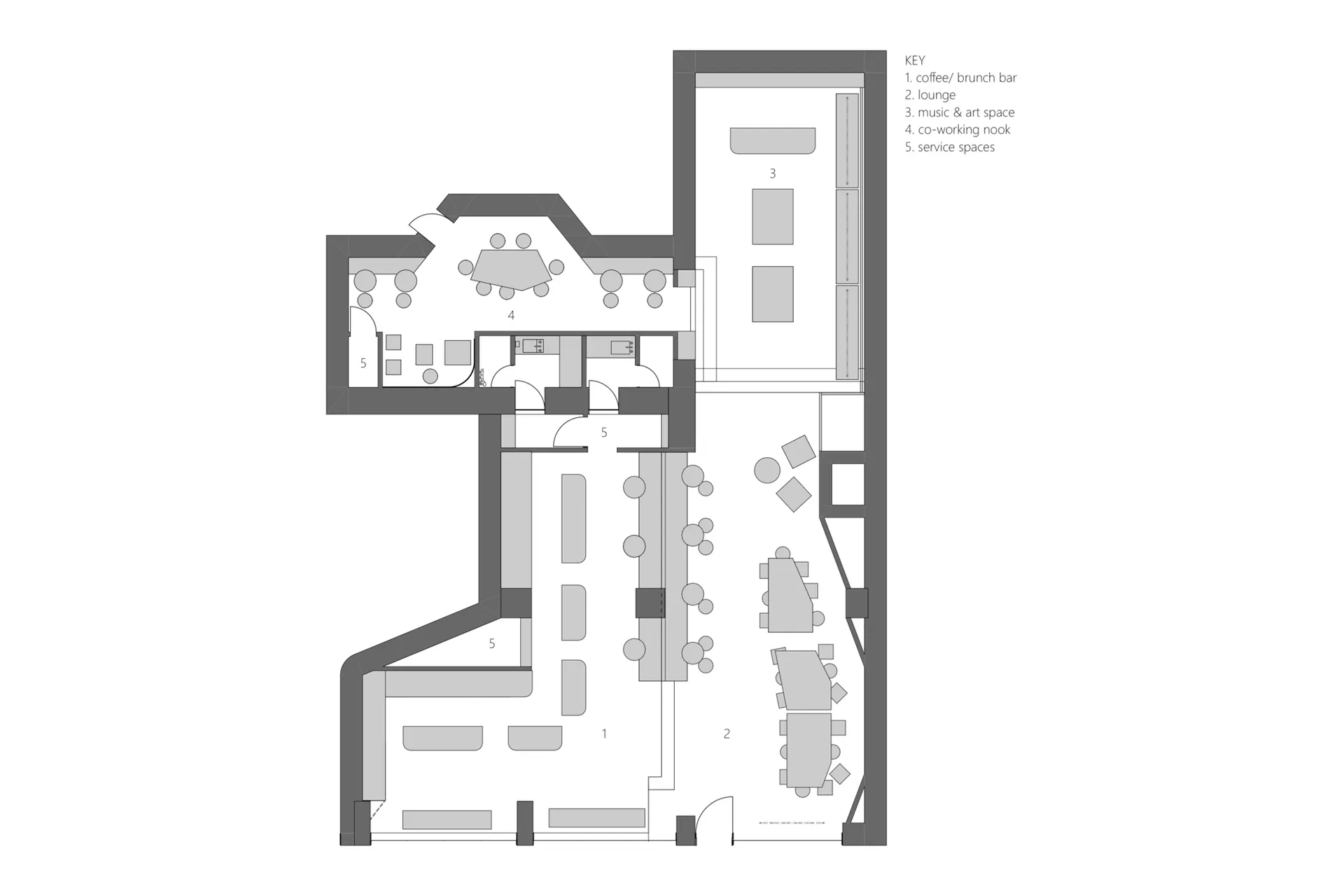 黑白建築平面圖,顯示複合式場地的各功能分區,包含咖啡吧台、休憩區、音樂藝術空間、共同工作角落及服務空間。