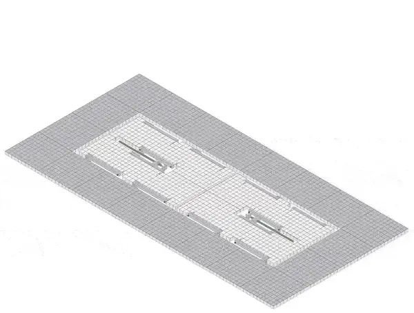 以灰色網格底圖呈現的辦公室平面等角3D視圖,顯示隔間工作空間與動線通道。