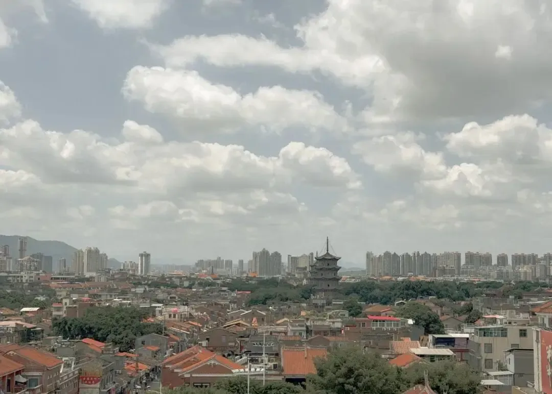 Wide aerial view of Tainan city with traditional Chinese temple pagoda in the center, surrounded by low-rise tiled houses and modern high-rises under a cloudy sky.