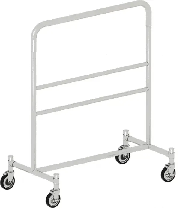 A silver chrome-plated steel hospital bed guardrail with four locking casters, shown against a white background.