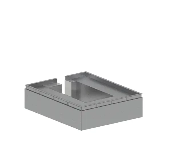Monochrome 3D architectural model of a rectangular concrete rooftop terrace featuring a sunken seating area and raised perimeter walls.