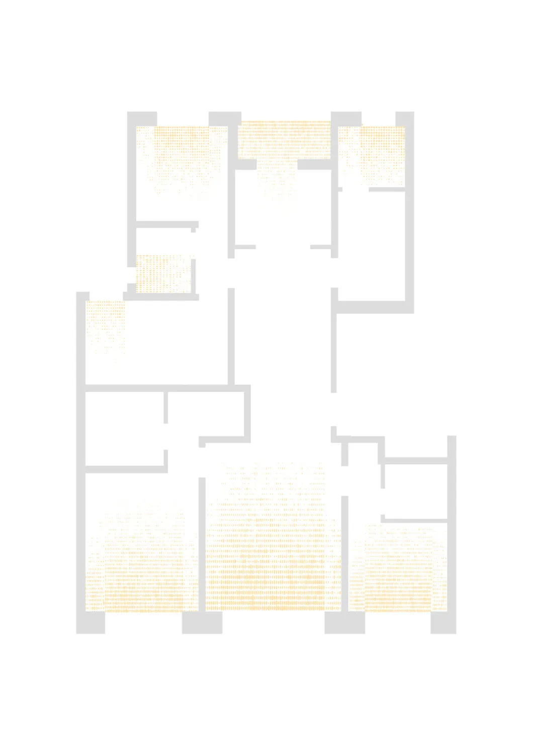 Black and white architectural floor plan of a modern multi-level residence with orange highlighted walls and furniture zones.