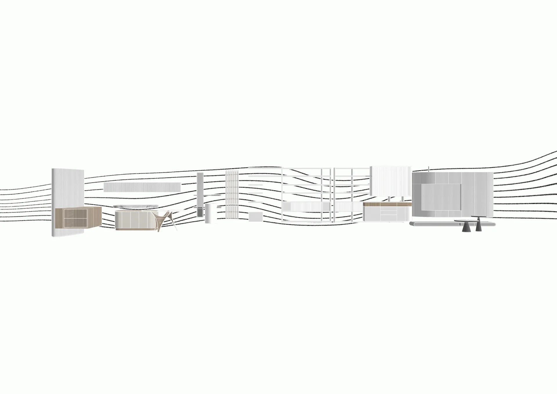 Monochrome illustration of a modern living room furniture collection featuring light oak cabinetry, a sculptural dining chair, modular shelving, and a media console against abstract linear background.