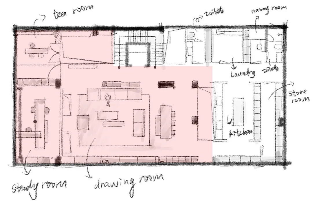 Hand-drawn architectural floor plan of a residential house showing living areas, kitchen, study room, drawing room, tea room, nanny room, laundry, toilet and storage spaces with a large pink overlay highlighting the main living zone.