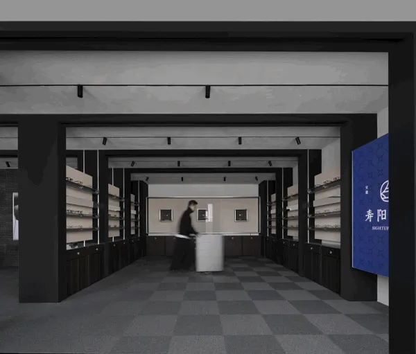 現代黑白調精品店內部，設有深色木質展示層架、中央白色櫃檯、棋盤格地板，以及一位工作中的店員。