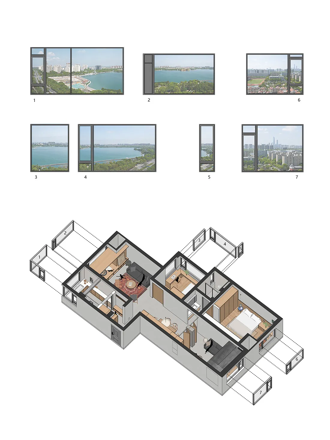 現代公寓3D軸測平面圖，顯示客廳、臥室與書房，並附上七張大型窗戶立面照片，呈現湖泊與城市天際線景觀。