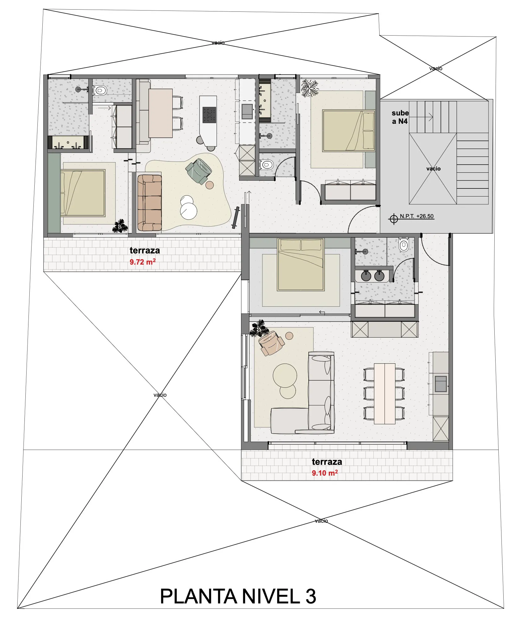 Black and white architectural floor plan labeled PLANTA NIVEL 3, displaying the third-floor layout of a modern apartment including living room, dining area, kitchen, three bedrooms, bathrooms, and two terraces measuring 9.72 m² and 9.10 m².