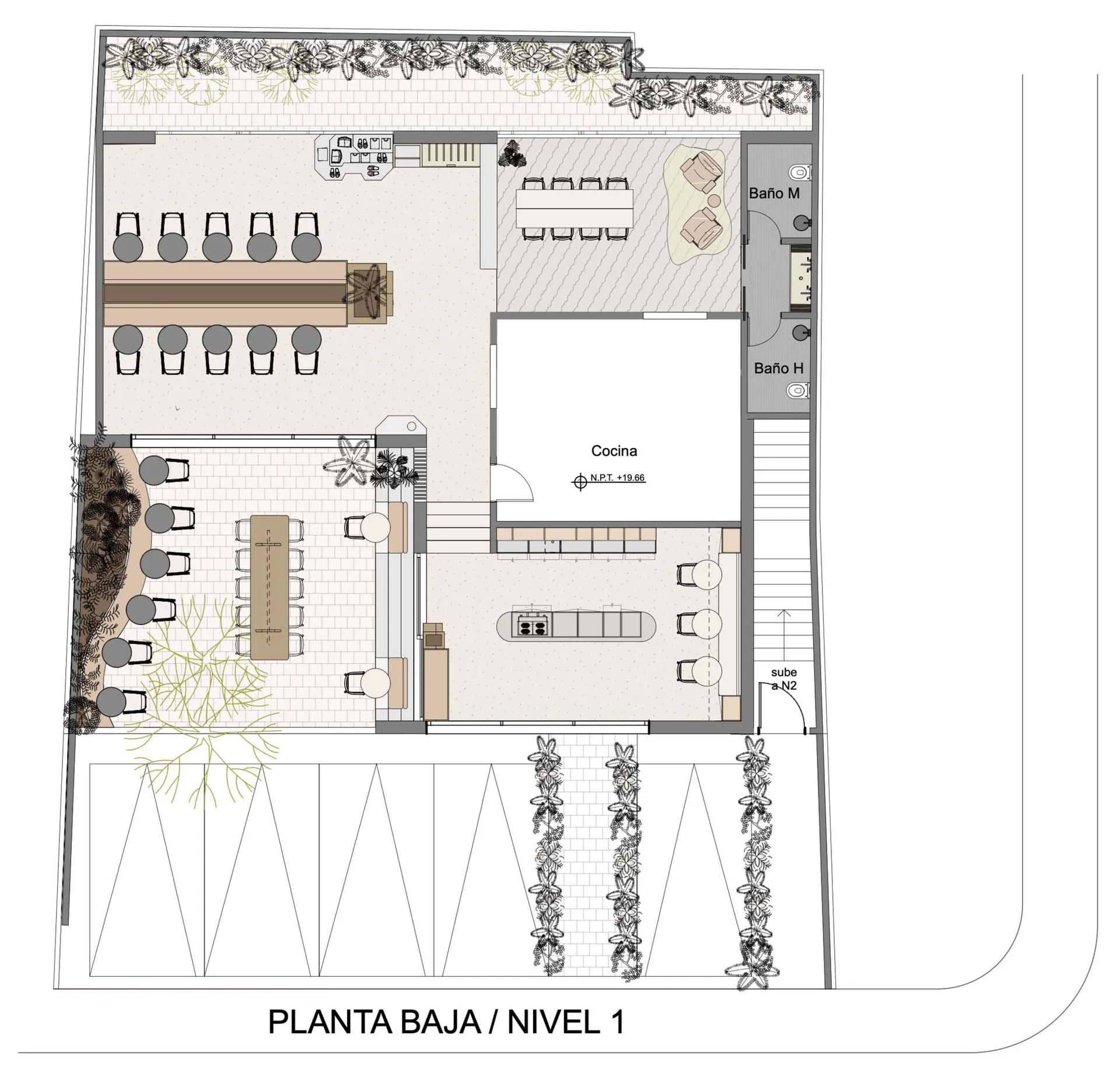 Black and white architectural floor plan of a ground floor restaurant featuring indoor dining rooms, a central kitchen, restrooms, and extensive outdoor courtyard seating with trees and planters.