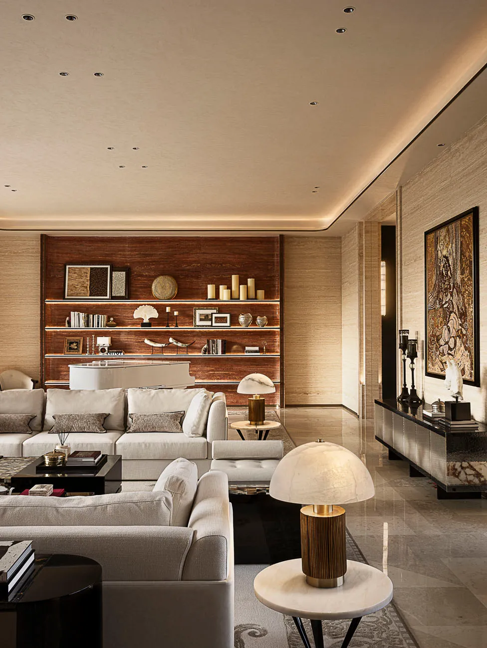 Modern luxury living room with a large white sectional sofa, illuminated walnut built-in shelving wall, marble table lamps, and polished stone flooring.