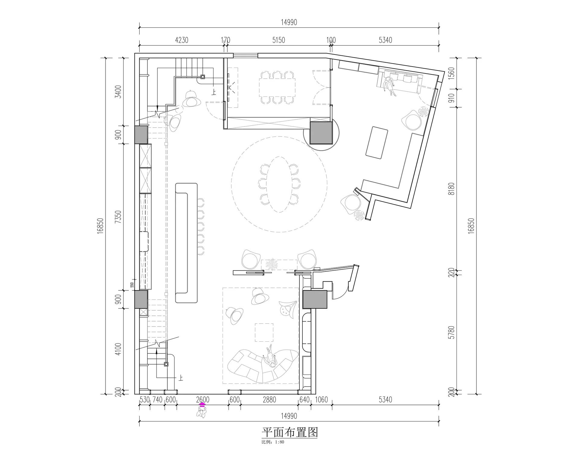 黑白建築平面圖,顯示一棟寬14.99公尺的兩層樓豪華別墅,擁有顯著的圓形客廳區、正式餐廳、開放式廚房、多處座位區與樓梯。