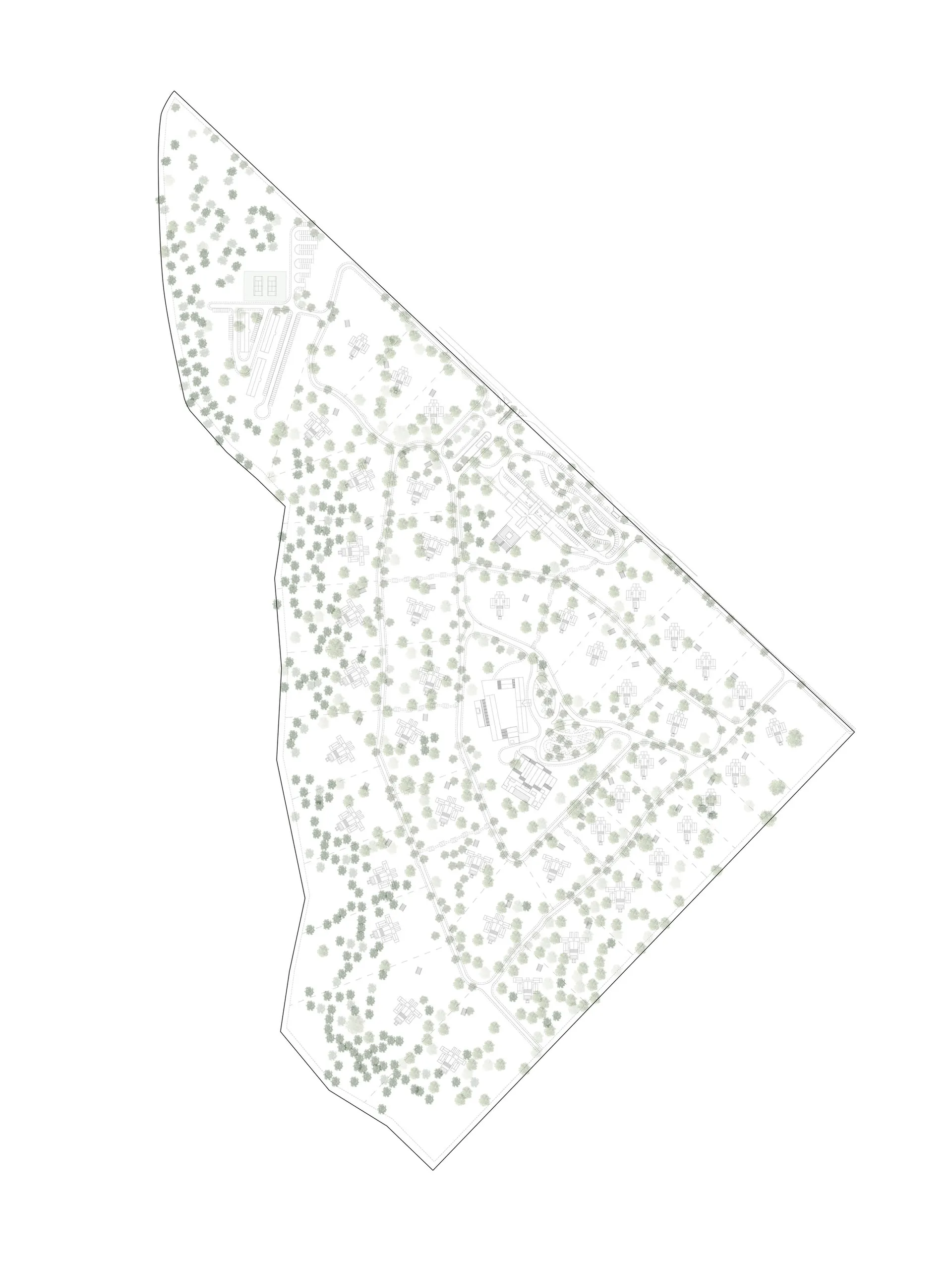 Monochrome architectural master plan drawing showing a large-scale low-density residential development with dense clusters of trees, winding roads, and individual housing plots.
