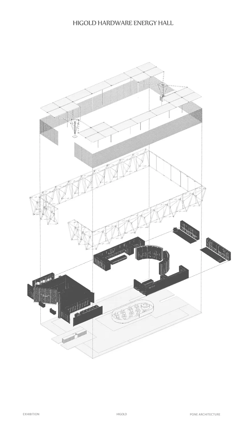 Black and white technical drawing showing an exploded axonometric section of a modern exhibition hall with visible steel trusses, floor levels, and furniture layouts.