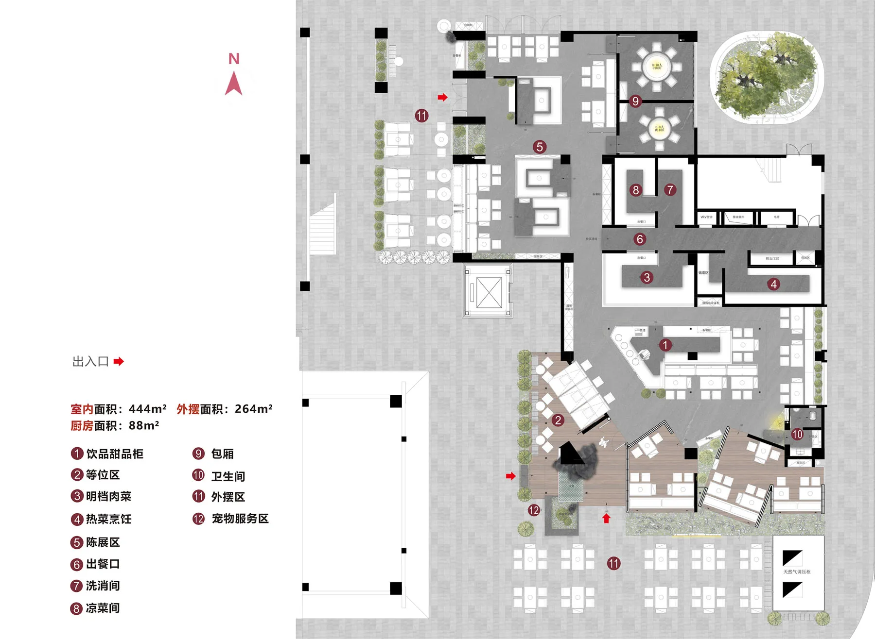 Detailed color-coded floor plan of a 444 square meter luxury restaurant featuring numbered functional zones, outdoor patio, and circulation paths with a north arrow indicator.