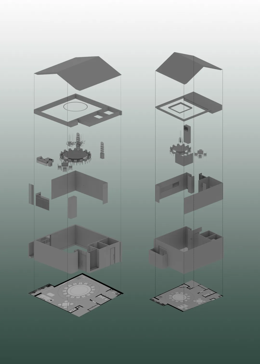 Monochromatic 3D exploded axonometric view showing all architectural layers, furniture, and ceiling details of a luxury circular dining room from top to bottom.