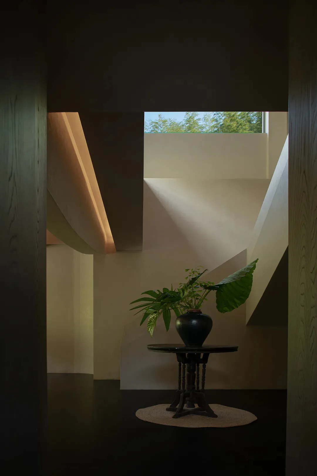 Modern architectural interior featuring a sculptural staircase with dark wood paneling, a black ceramic pot with large green plants on a dark wooden pedestal table, and dramatic natural light from a high window.