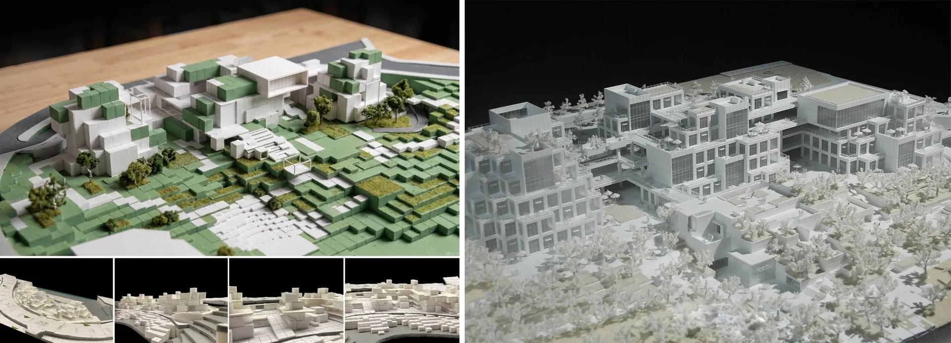 Two views of a white and green architectural model of a large-scale terraced urban complex with trees and landscaping, displayed on a wooden table and against a dark background.