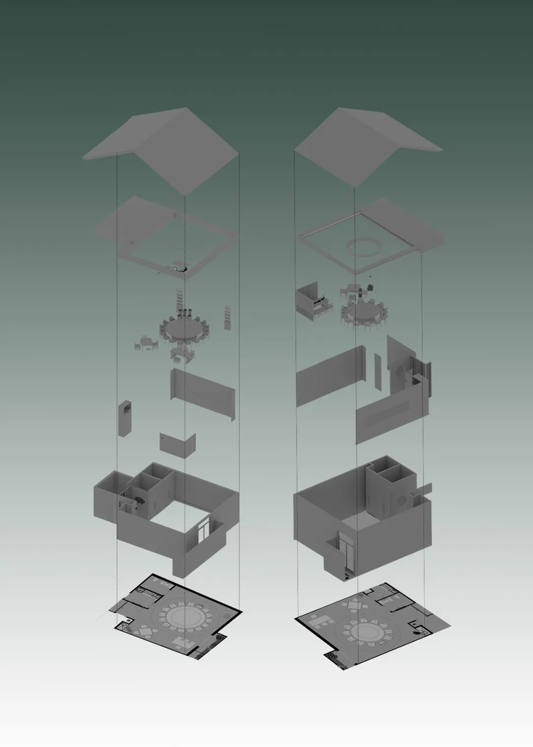 Monochromatic 3D exploded axonometric diagram showing floor plans, interior layouts, and structural components of a two-tower office building.