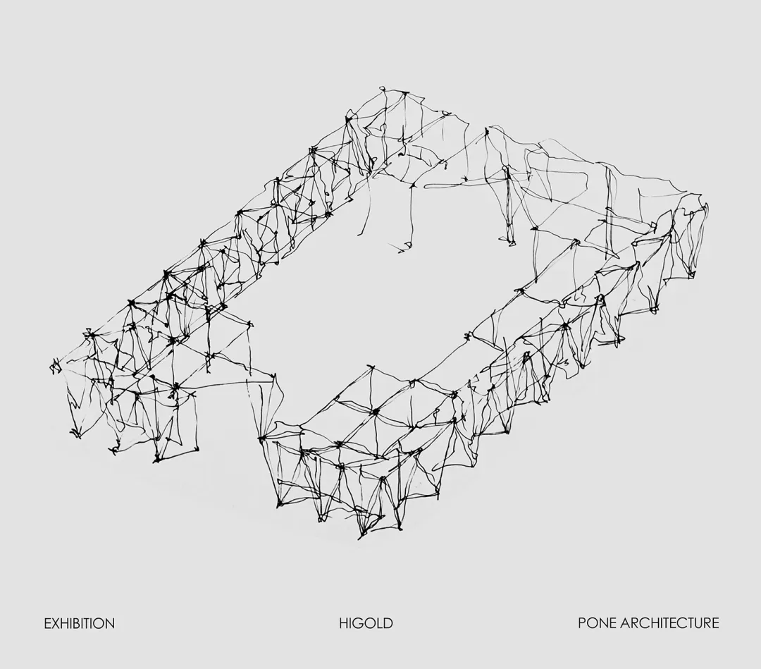 Black wireframe architectural model of a large rectangular pavilion with intricate geometric connections, displayed against a light gray background.