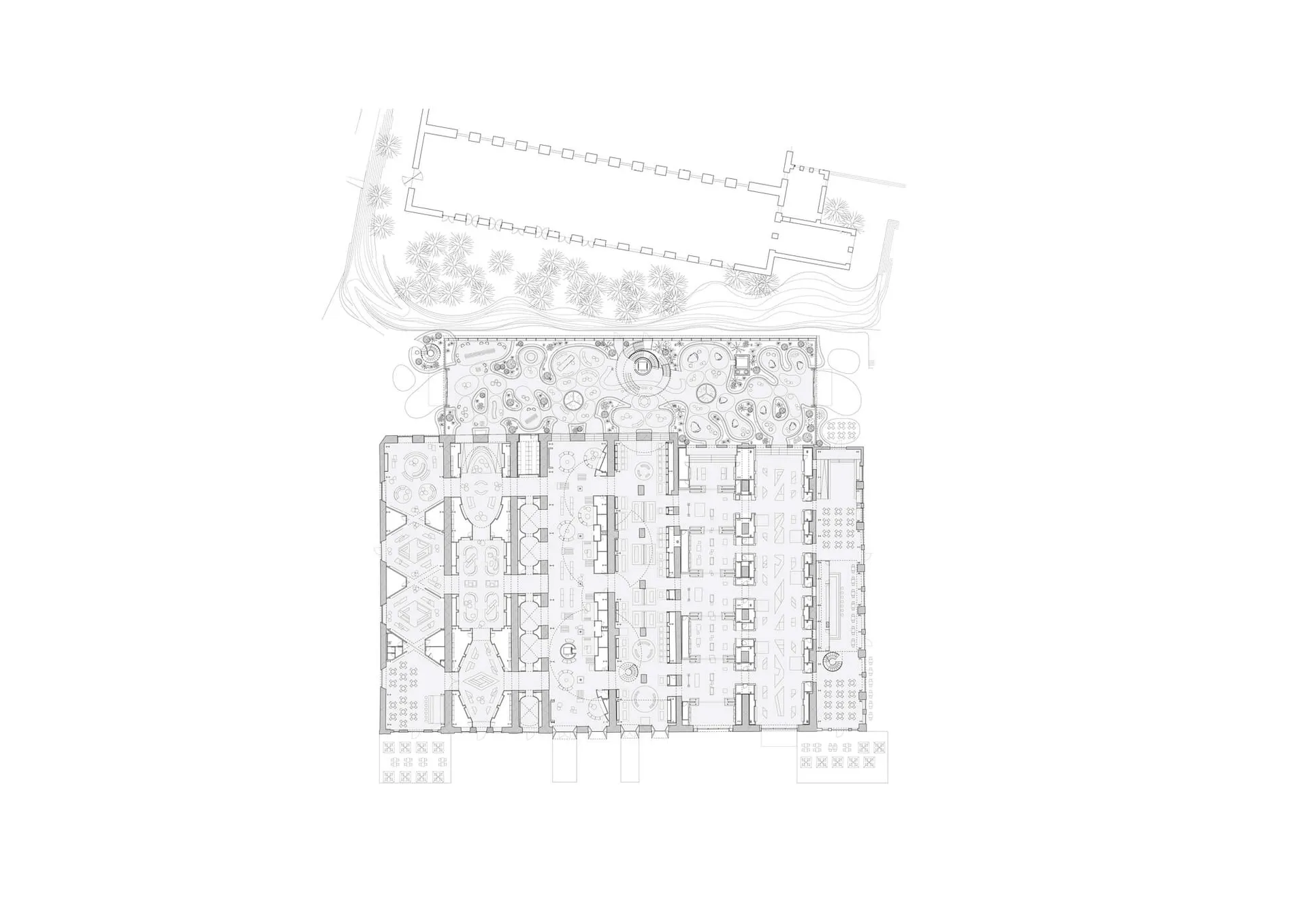 Black and white architectural floor plan drawing of a luxury resort complex, displaying detailed room layouts, circulation paths, multiple courtyards, and extensive surrounding landscape and garden areas.