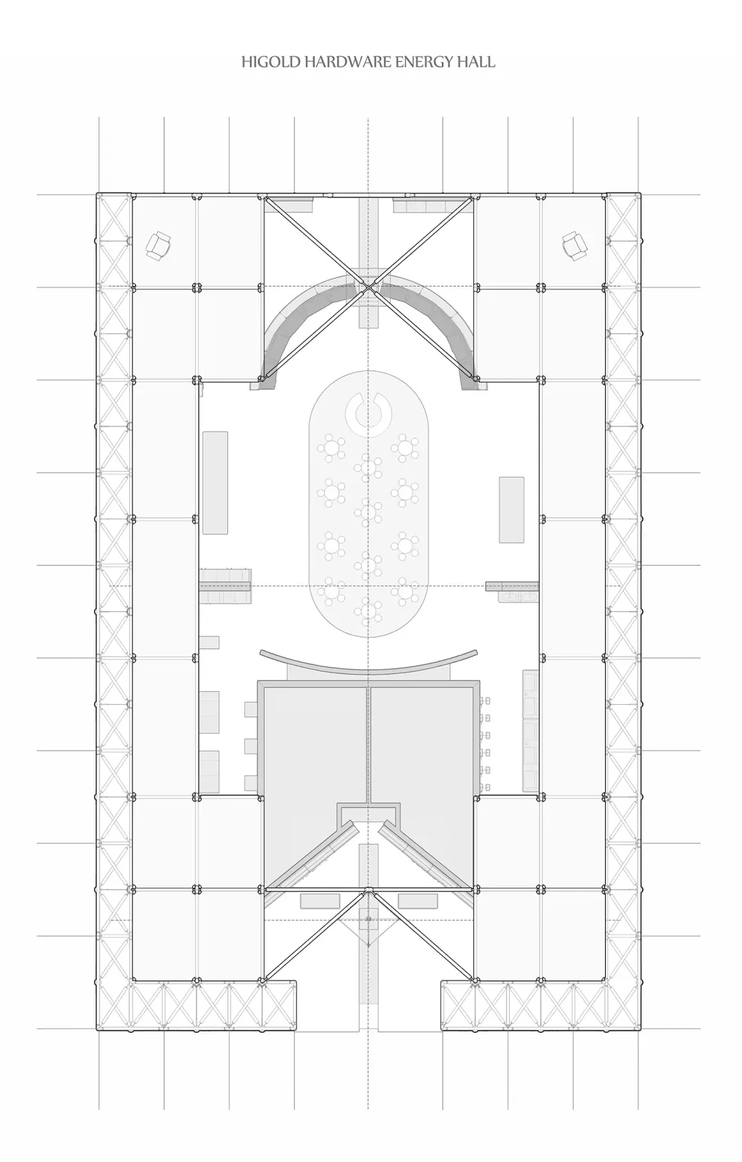 Black and white technical floor plan of the Higold Hardware Energy Hall, displaying an oval central atrium, stage area, seating arrangements, and prominent X-shaped steel roof trusses.