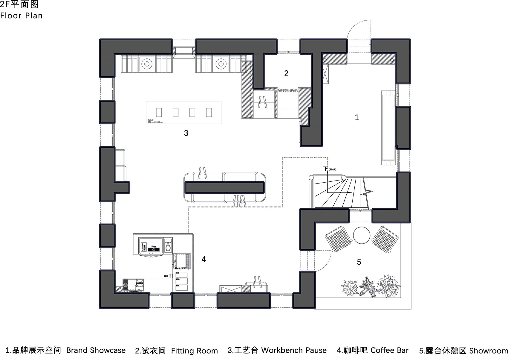 黑白二維平面圖,顯示現代品牌展間配置,以中英雙語標示品牌展示空間、試衣間、工藝台、咖啡吧與露台休憩區。