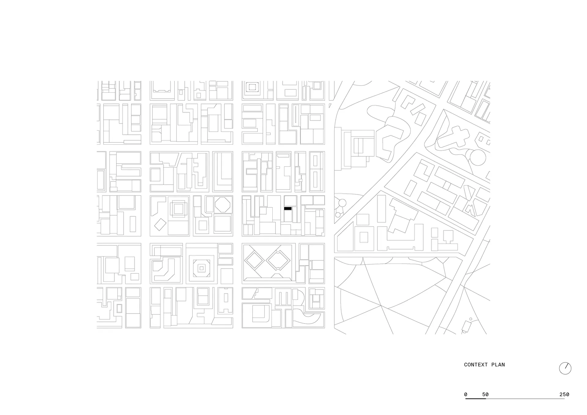 Architectural context plan showing multiple city blocks with floor plans and surrounding streets, with one building marked by a solid black rectangle.