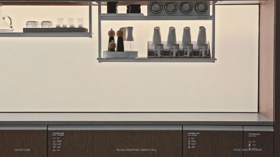 Modern minimalist kitchen featuring dark walnut lower cabinets and white floating open shelves with backlit display area, showcasing organized glassware and tableware.