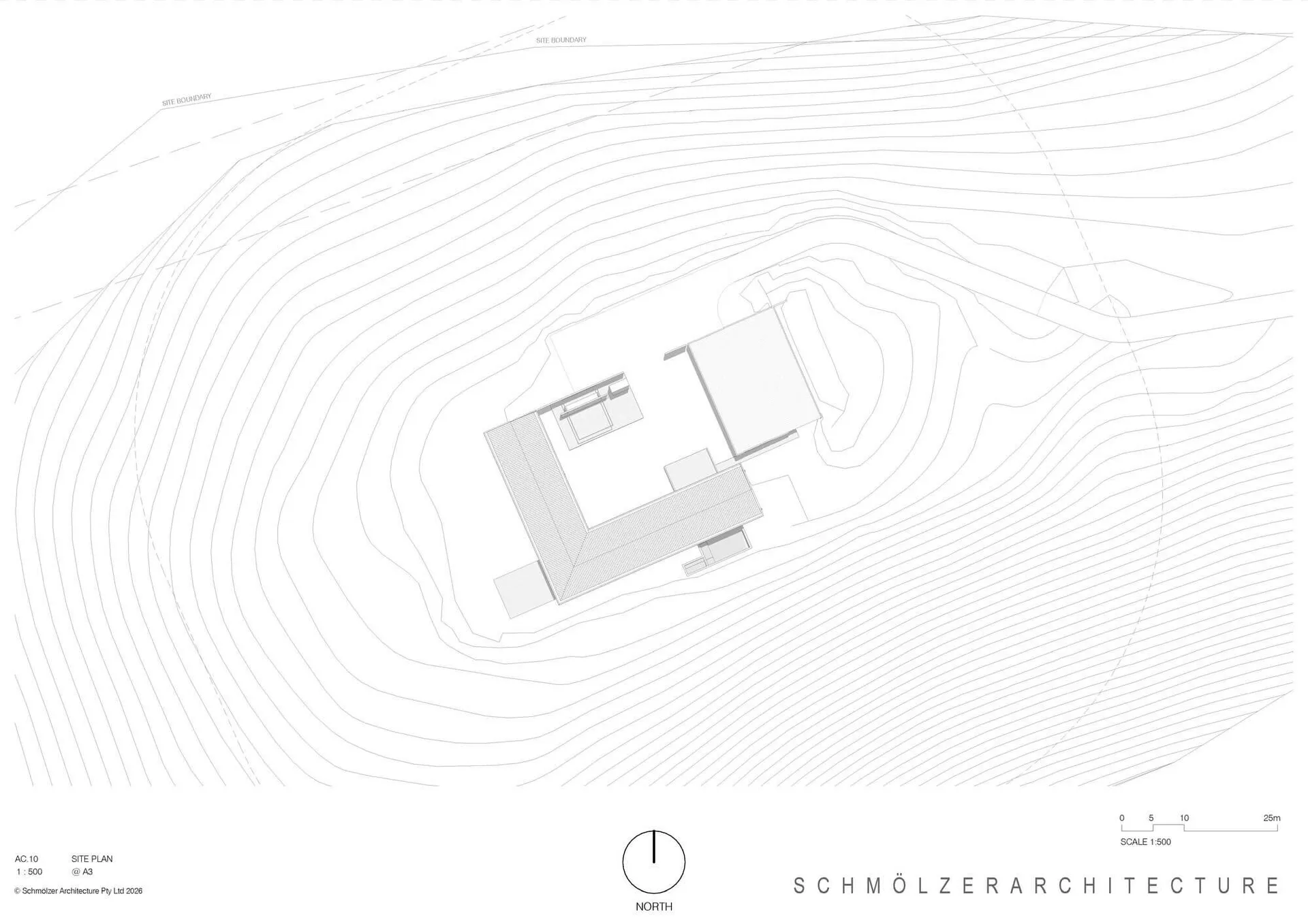 Black and white architectural site plan showing a house layout integrated with dense topographic contour lines on a sloped site, with north arrow and scale.