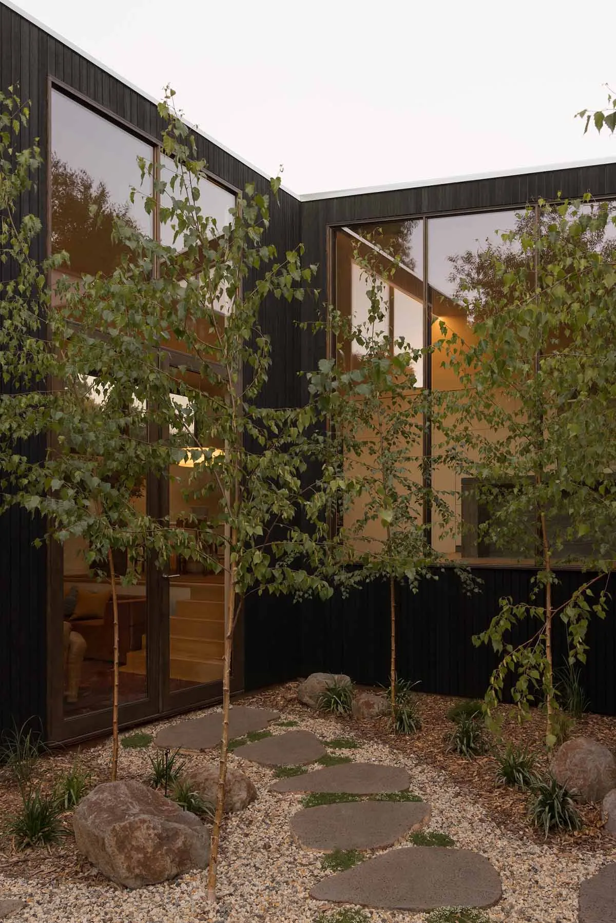 Exterior view of a modern house with dark charred wood cladding, large reflective windows, young birch trees, and a gravel courtyard featuring a winding stone stepping path.