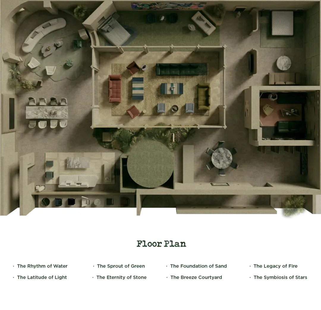 Architectural floor plan rendering of a high-end residential complex featuring multiple living, dining, and bedroom zones arranged around landscaped courtyards.