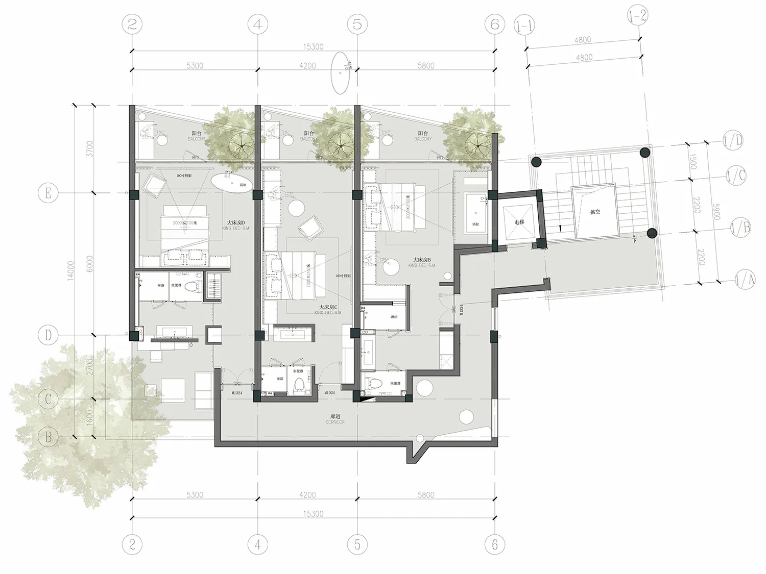Architectural floor plan of a luxury triplex villa featuring four king bedrooms, multiple bathrooms, living areas, and three large balconies with dimension lines and landscaping indicators.