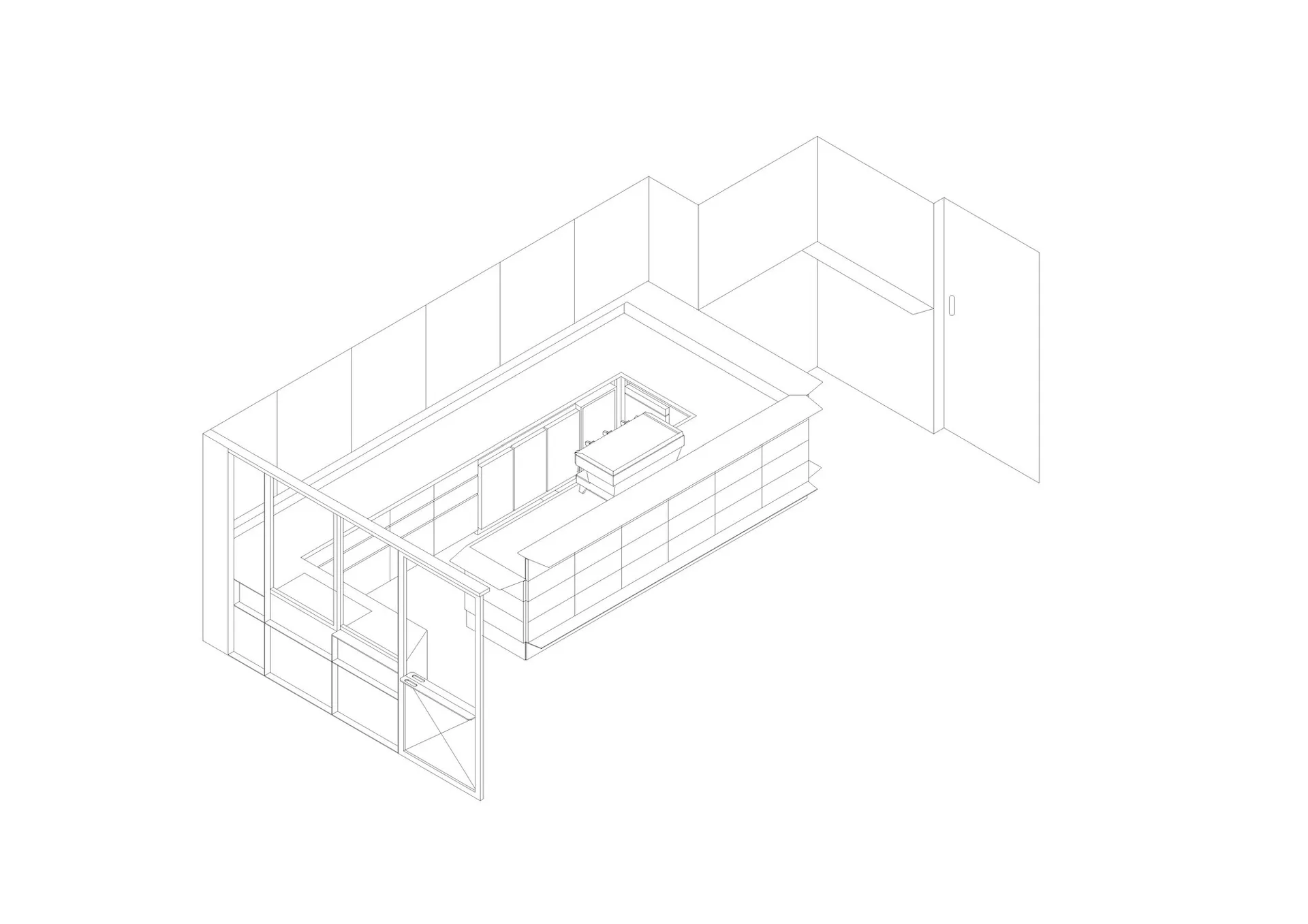 Isometric architectural line drawing of a modern minimalist kitchen floor plan featuring a large central island, cabinetry, and multiple access points.
