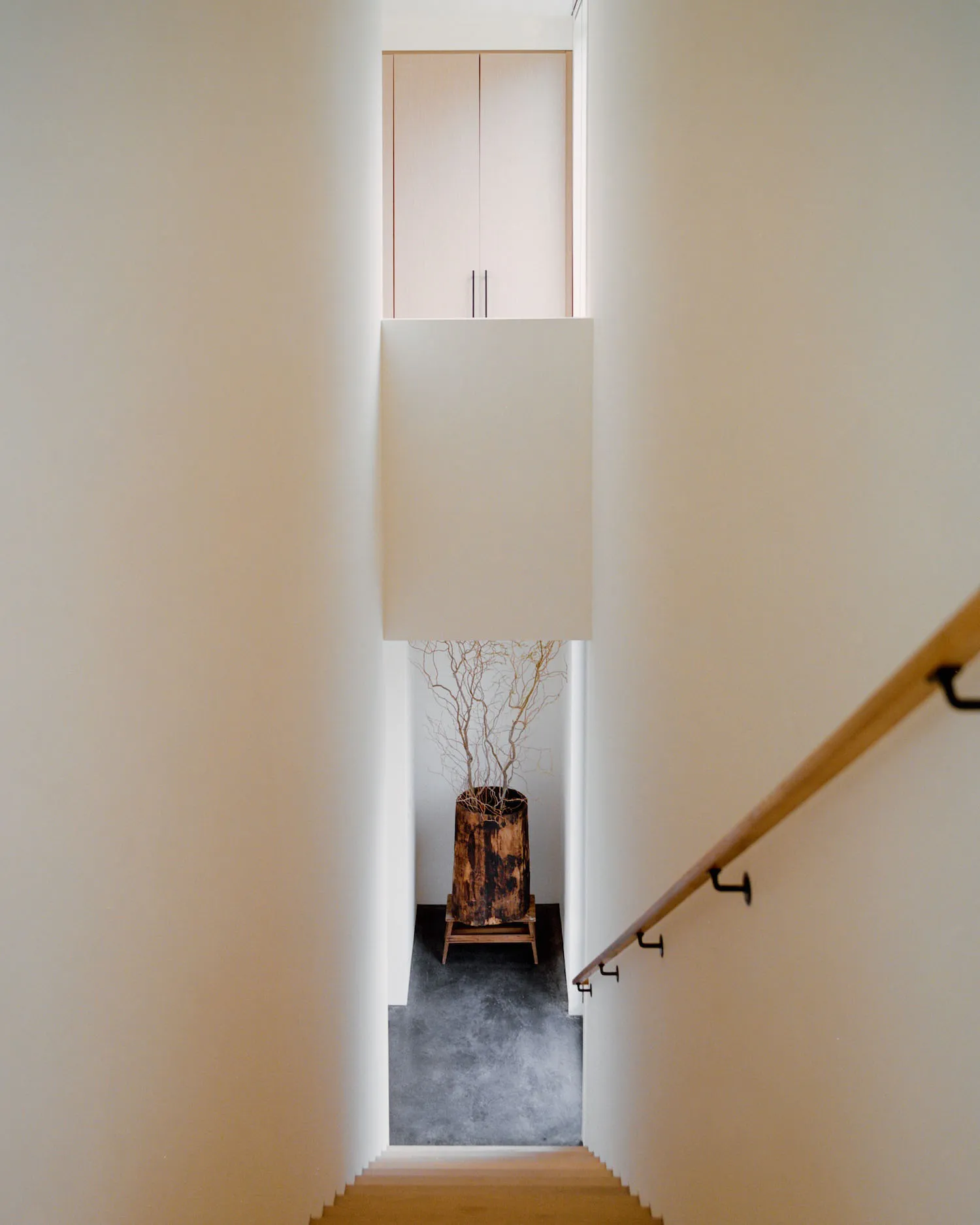 Looking down a minimalist white staircase with light wood flooring, a wooden handrail, and a large dried branch arrangement in a tree stump planter at the landing.