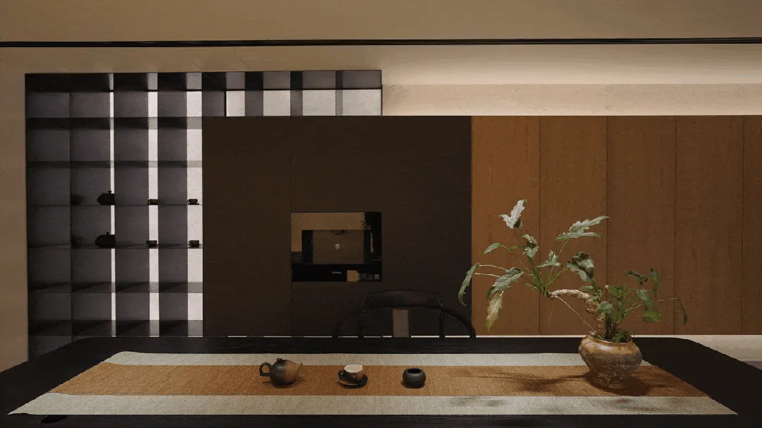 Modern Japanese minimalist dining room featuring a dark walnut table with tea set, a geometric grid shelving unit in black and white, warm wood paneling, and a potted plant.