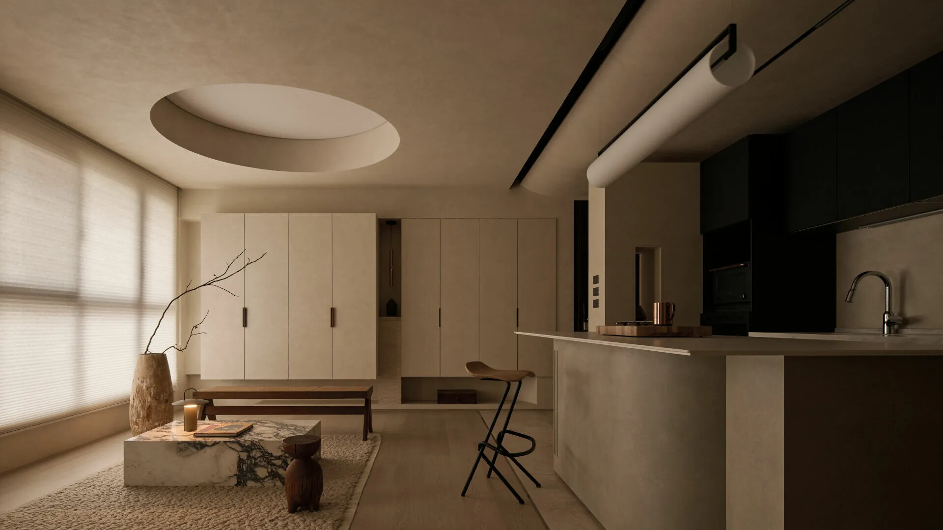 Modern minimalist open-plan living room and kitchen featuring micro-cement walls, a concrete kitchen island with wooden stool, marble coffee table, and a dramatic circular skylight in the ceiling.