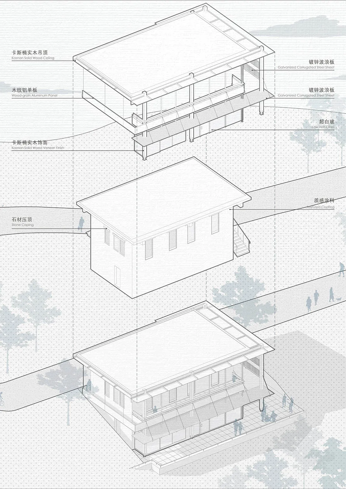 Architectural exploded axonometric drawing of a two-storey modern tropical house featuring Kasnan solid wood, galvanized corrugated steel, low-iron glass, and wood-grain aluminum panels.