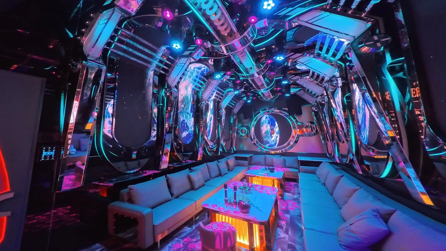 Futuristic cyberpunk nightclub lounge with mirrored walls, neon blue and pink lighting, and large circular Earth projections on the back wall.