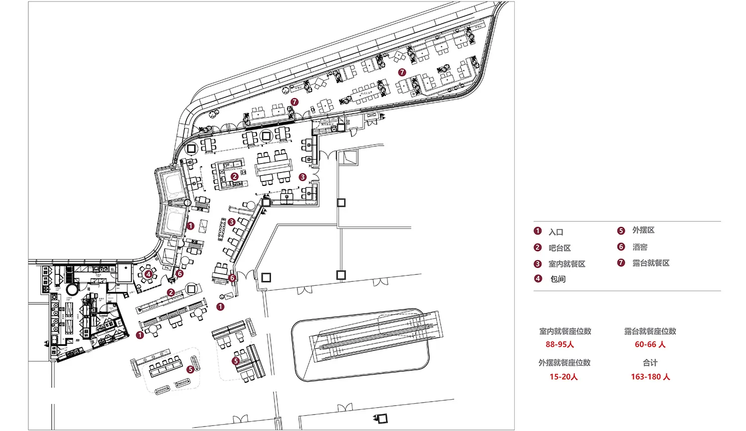 Black and white architectural floor plan of a 163-180 seat restaurant showing seating layout, kitchen, bar, private rooms, and outdoor dining areas with Chinese legends.