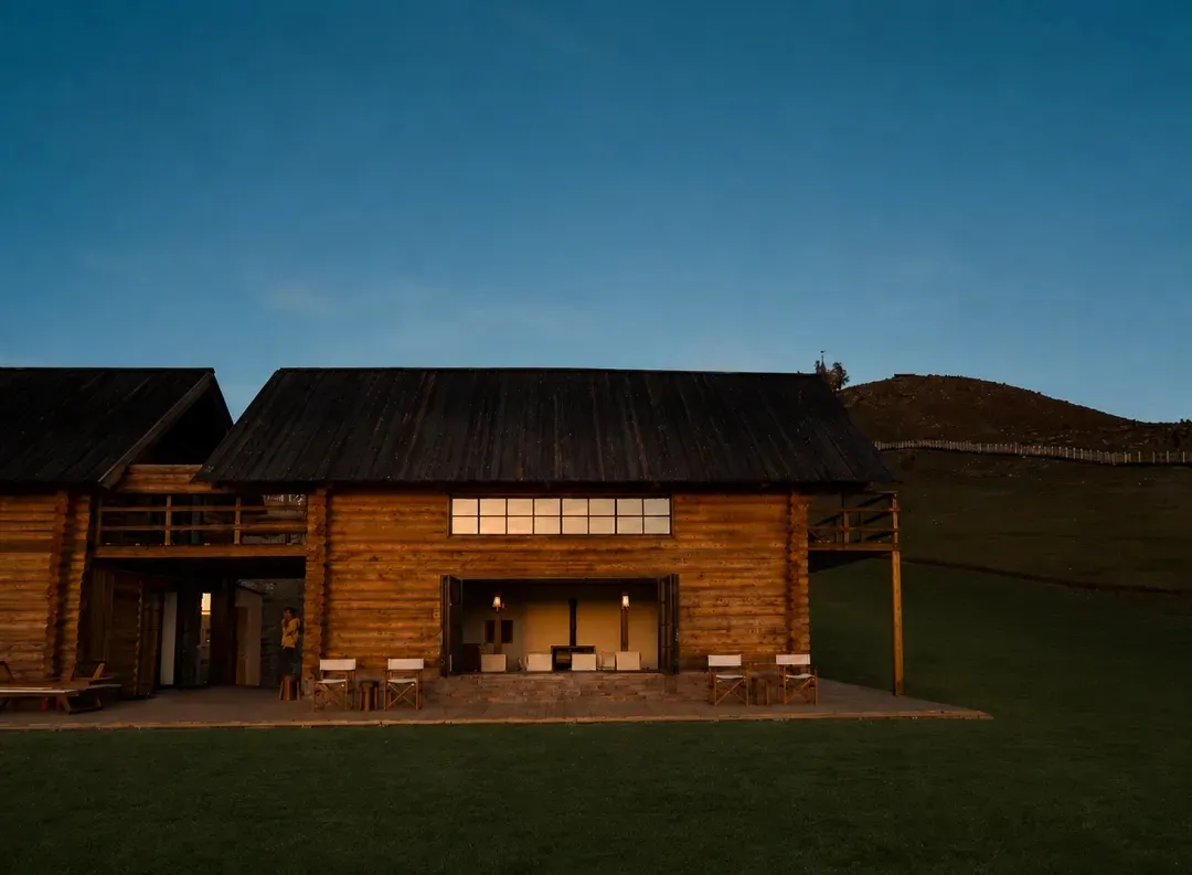 Exterior view of a large two-story log cabin at twilight with warm interior lighting, outdoor seating area, and mountain landscape in the background.