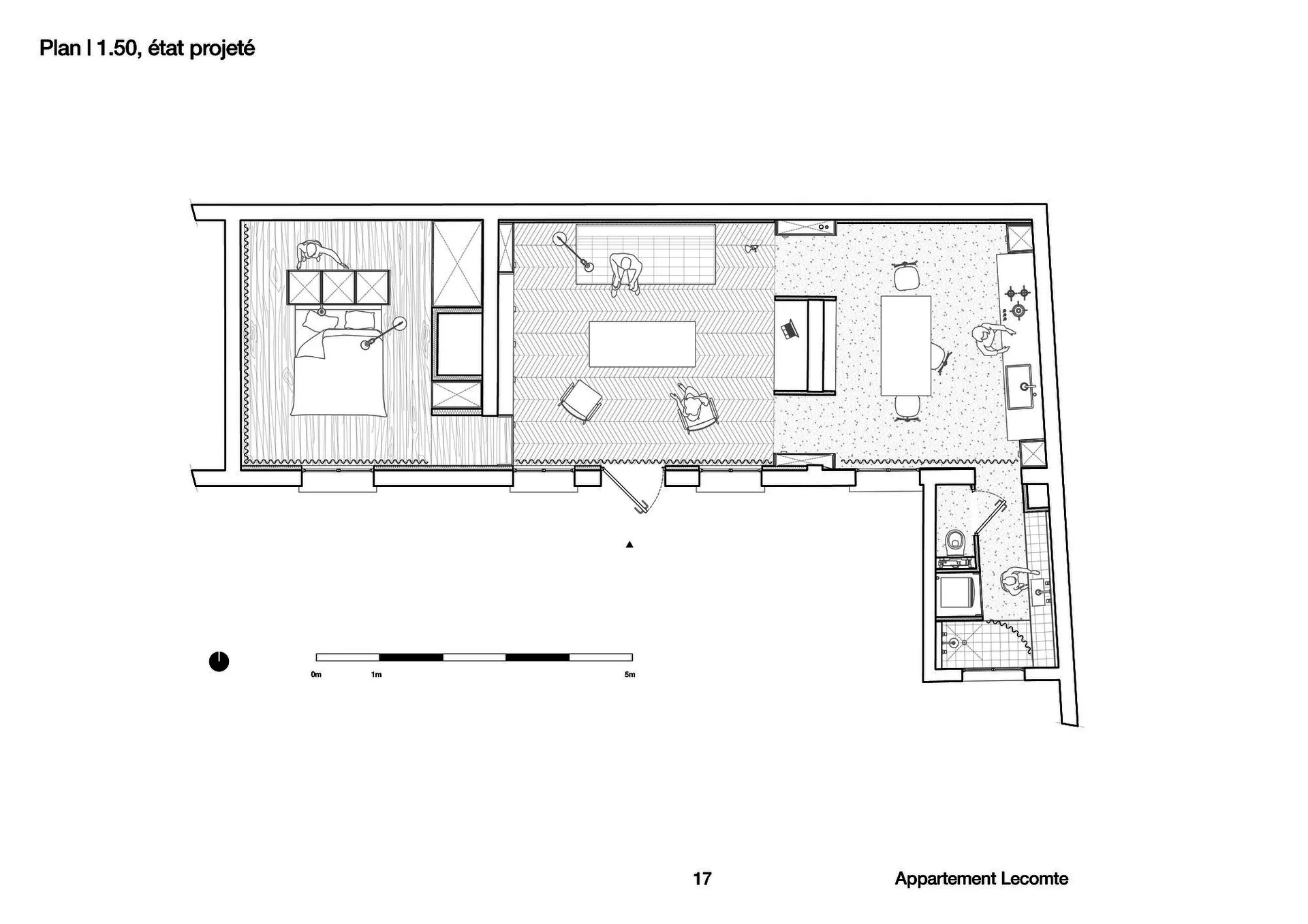 Black and white technical floor plan of a one-bedroom apartment labeled Appartement Lecomte, showing bedroom, living room, kitchen, bathroom and scale reference.