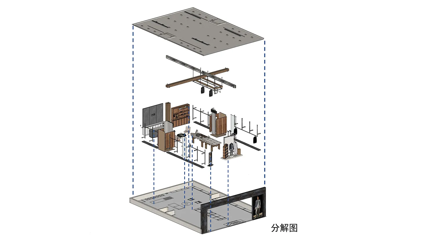 精品店立體分解軸測圖,展示地板平面、天花板配置、木質裝置、服裝展示架與陳列單元的分層3D視圖。