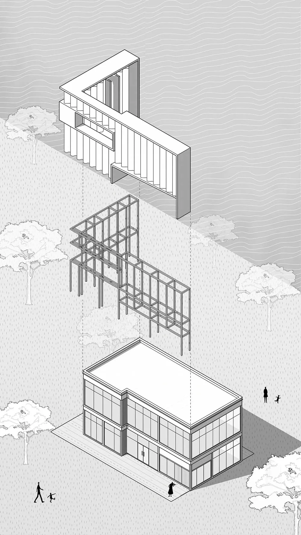 黑白軸測圖展示一座兩層樓現代玻璃建築的層次分解，從完成體到鋼鐵結構框架，再到最終建築外殼，周圍有樹木和人物作為比例參考。