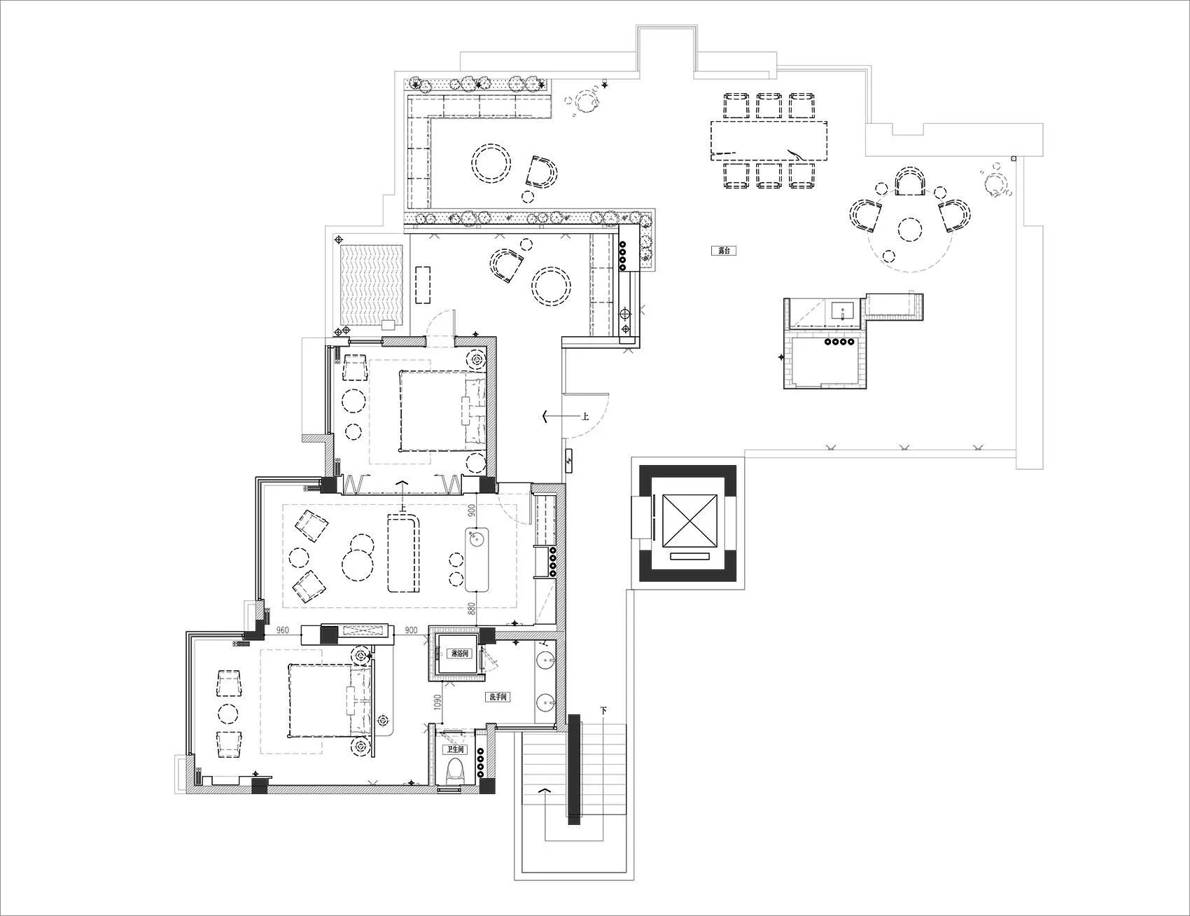 Black and white architectural floor plan of a large luxury villa showing living rooms, bedrooms, kitchen, dining areas, terraces and landscaped garden.