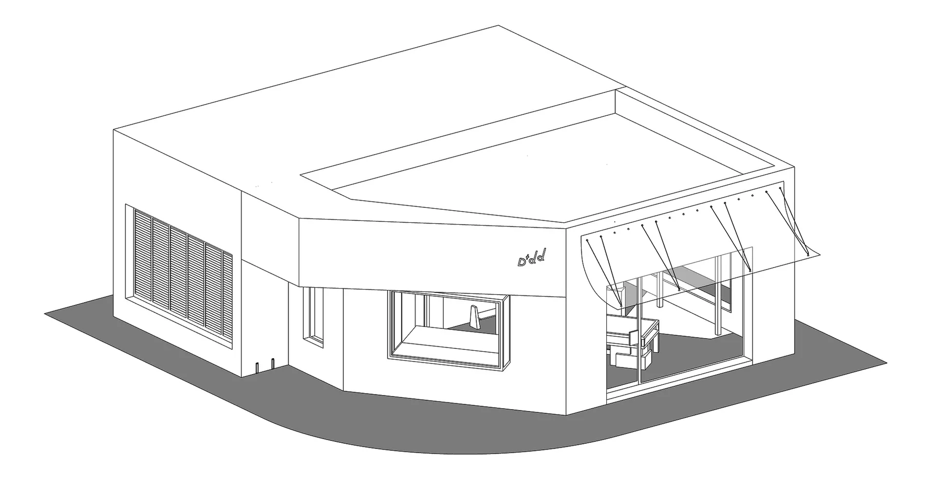 Isometric architectural drawing of a minimalist concrete retail store with large glass windows, louvered side facade, and prominent angled awnings.