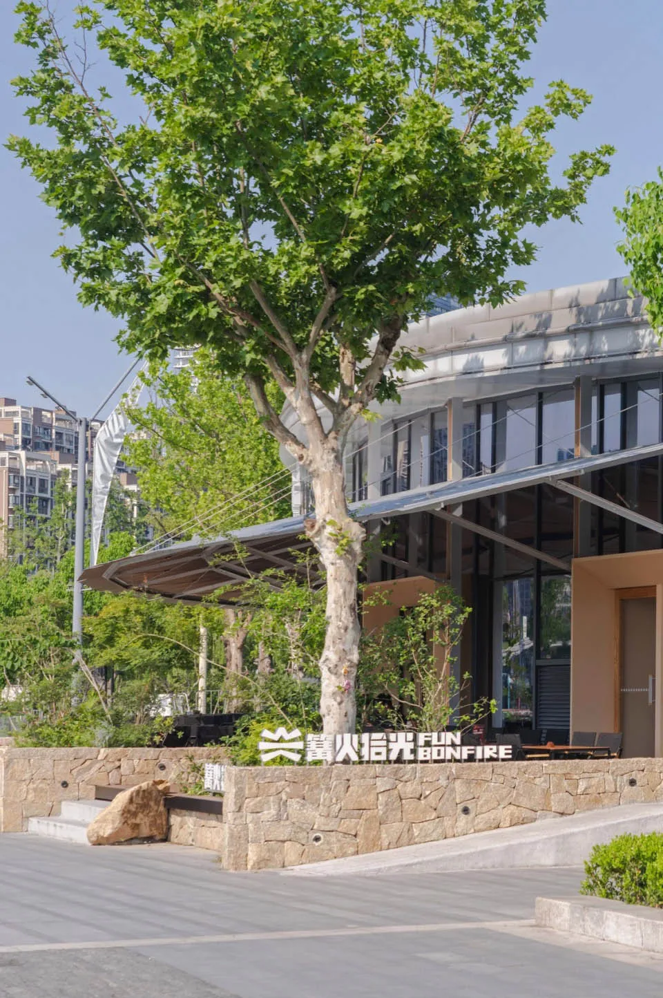 Modern building with large curved glass windows, a prominent mature tree, and a natural stone retaining wall terrace under bright daylight.